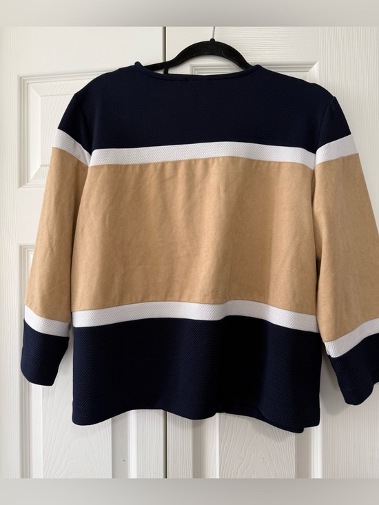 Chico's Travelers Collection Colorblock Jacket Size 2 Navy Tan Open Front - Picture 4 of 5